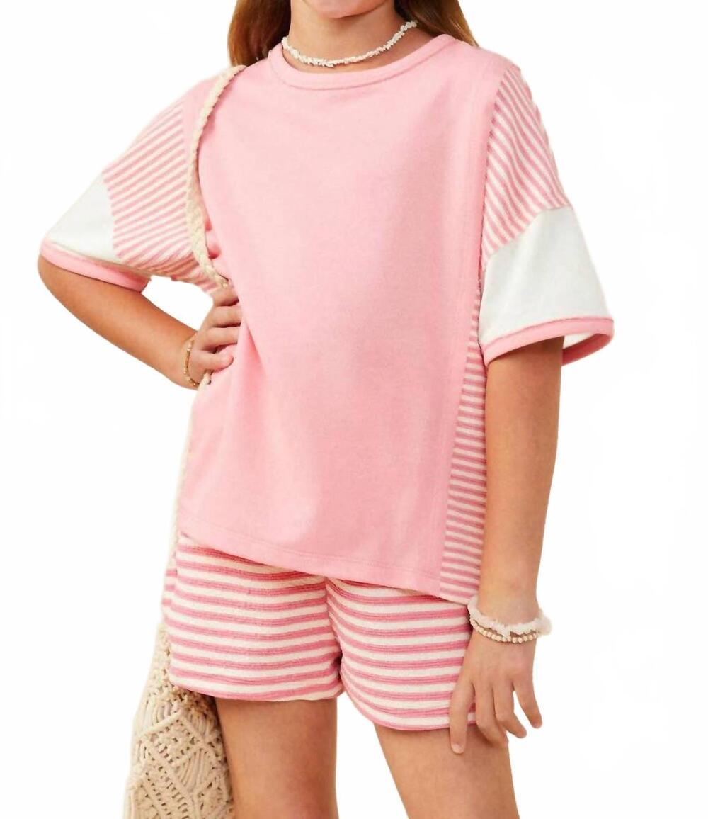 NEW HAYDEN LA girls colorblock stripe insert knit t shirt in pink